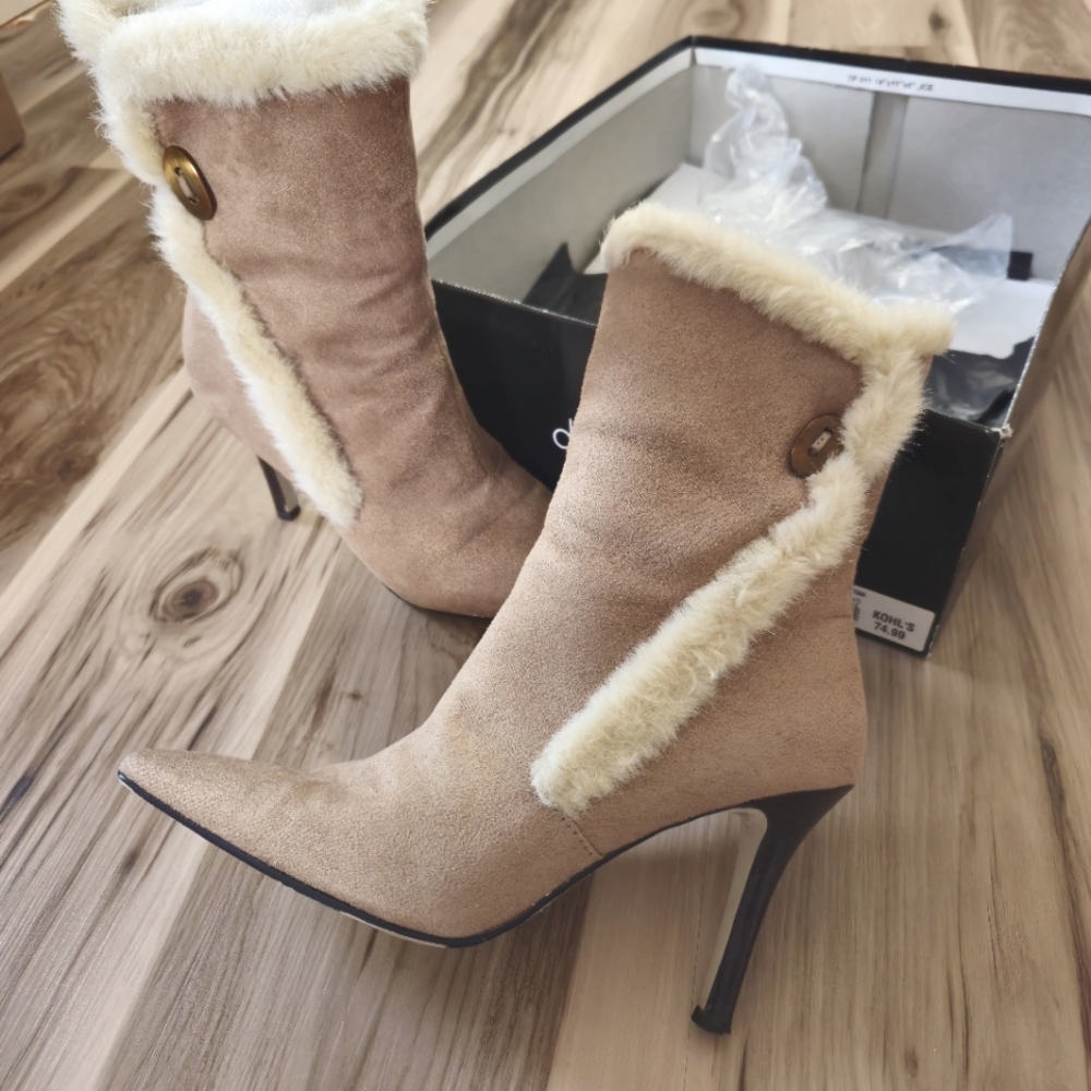 Tan Suede And Faux Fur Pointed Toe Stiletto Boots Women's 7.5 - Picture 12 of 15